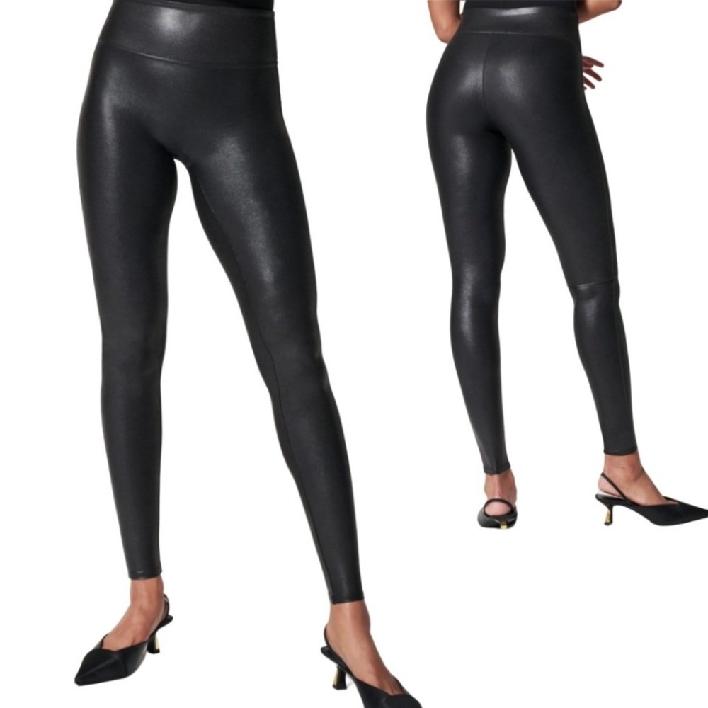Spanx Faux Leather Leggings Womens Black High Waist‎ Shaping Metallic Skinny Med